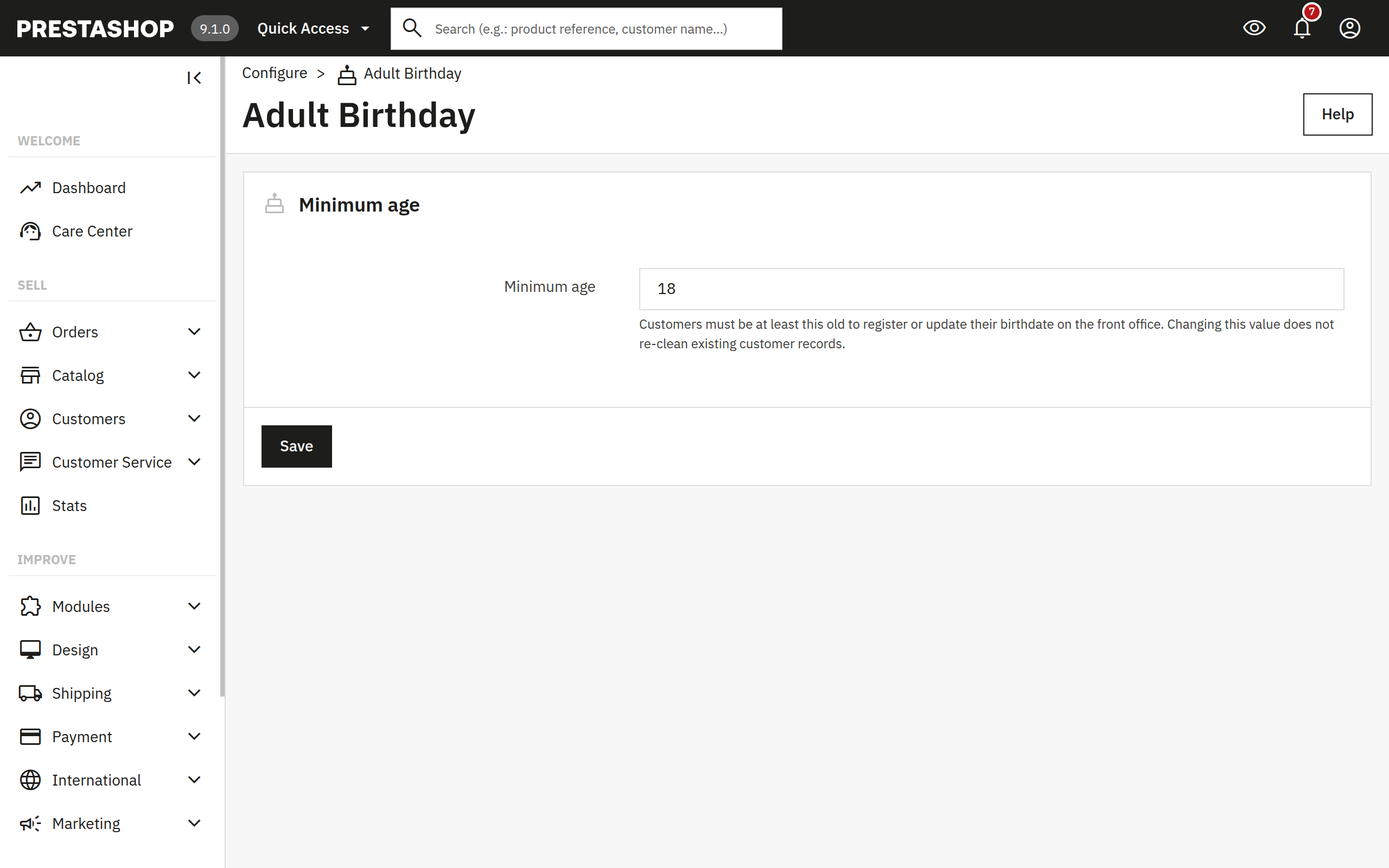 Adult Birthday Configure page in PrestaShop admin