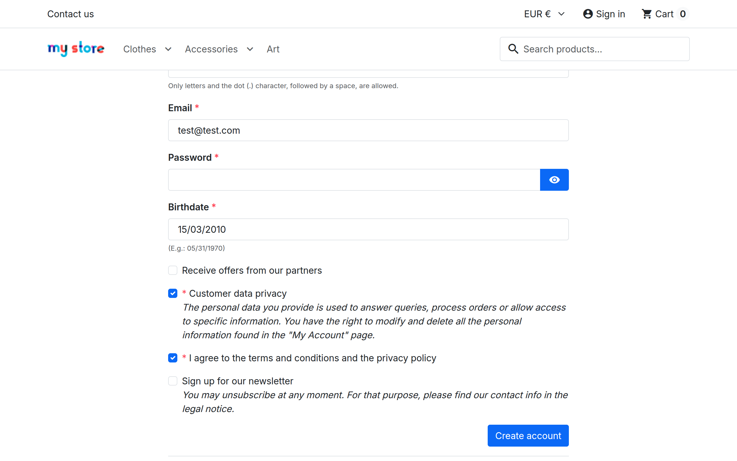 Adult Birthday registration form with underage date entered in PrestaShop storefront