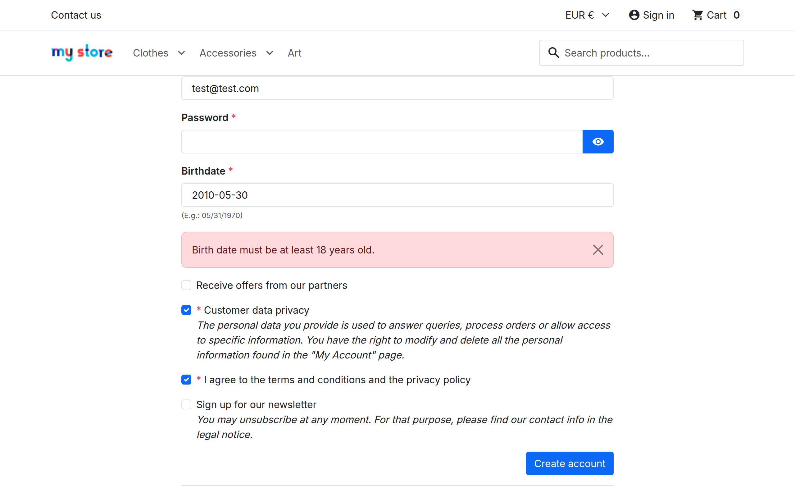 Adult Birthday validation error showing underage rejection in PrestaShop registration