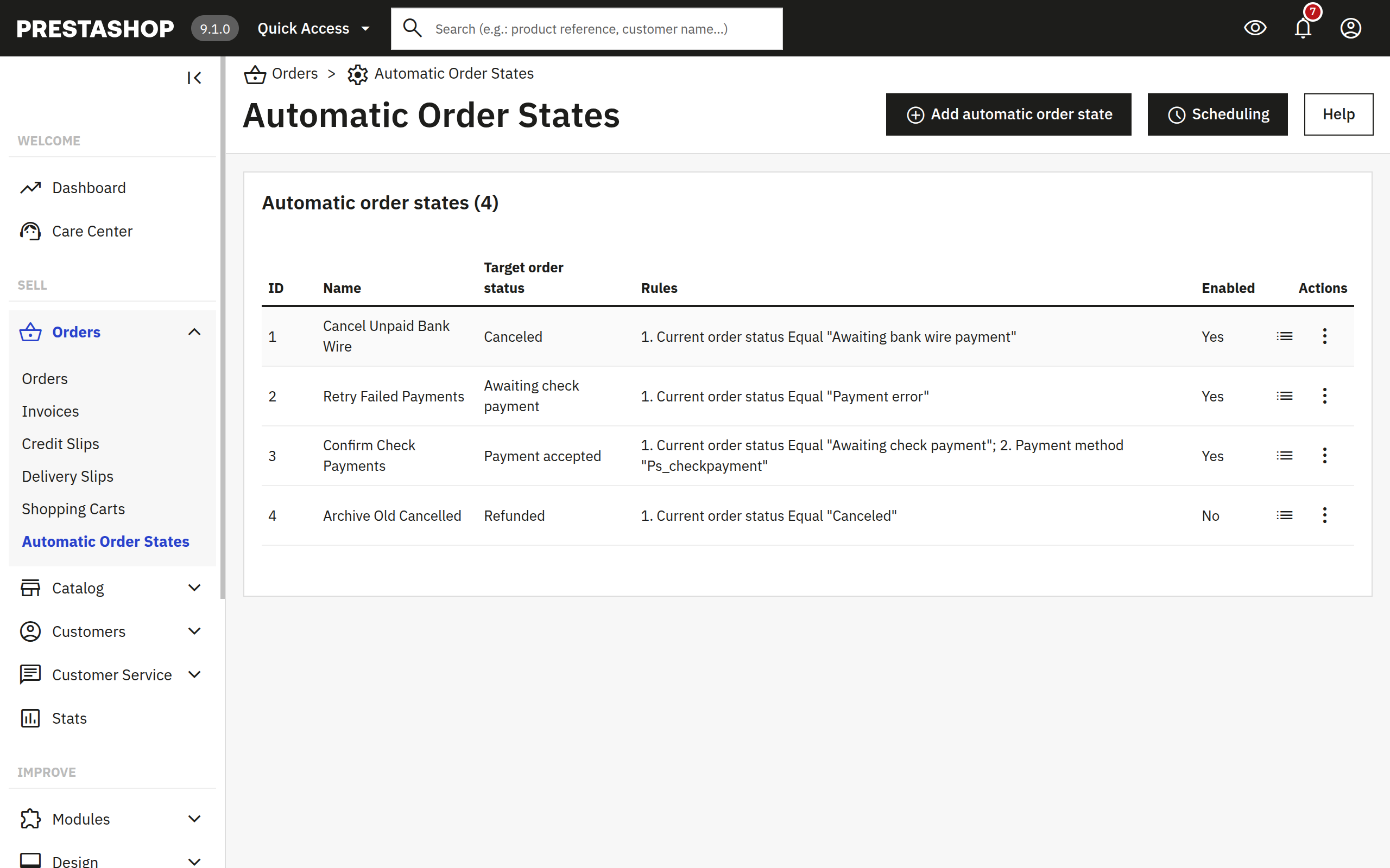 AutomaticOrderStates configured states list in PrestaShop admin
