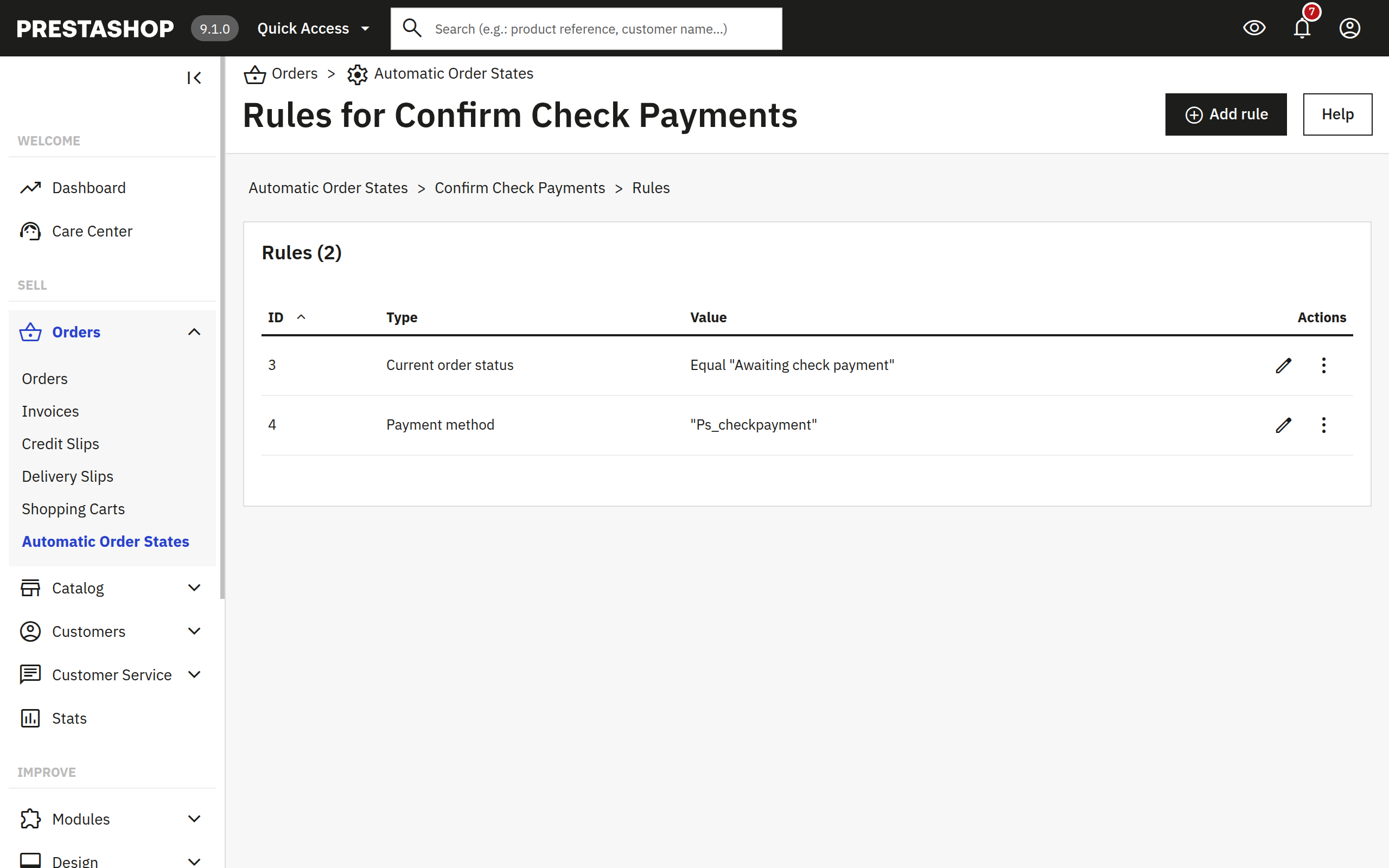 AutomaticOrderStates rule editor in PrestaShop admin