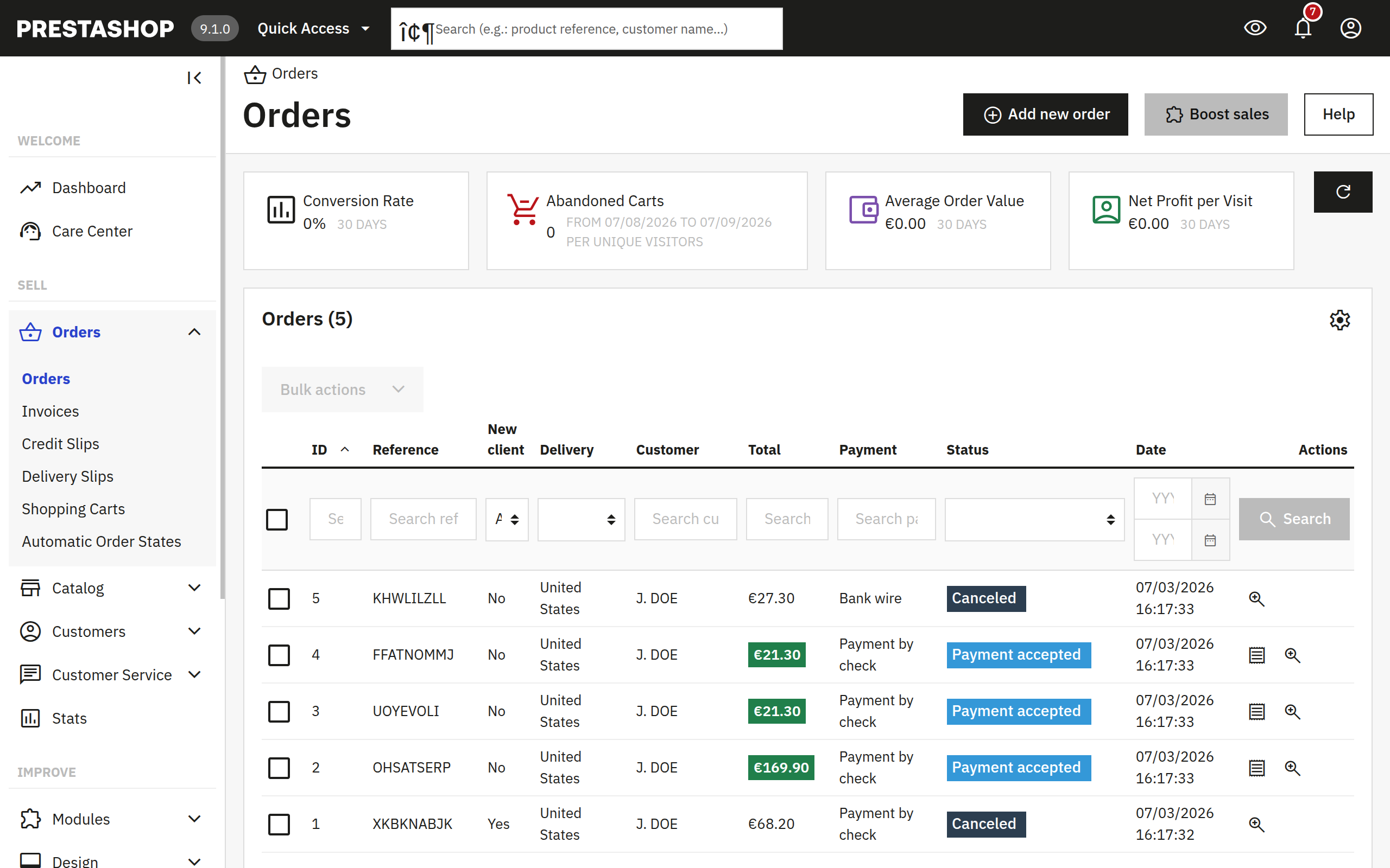 AutomaticOrderStates run results showing processed orders in PrestaShop admin