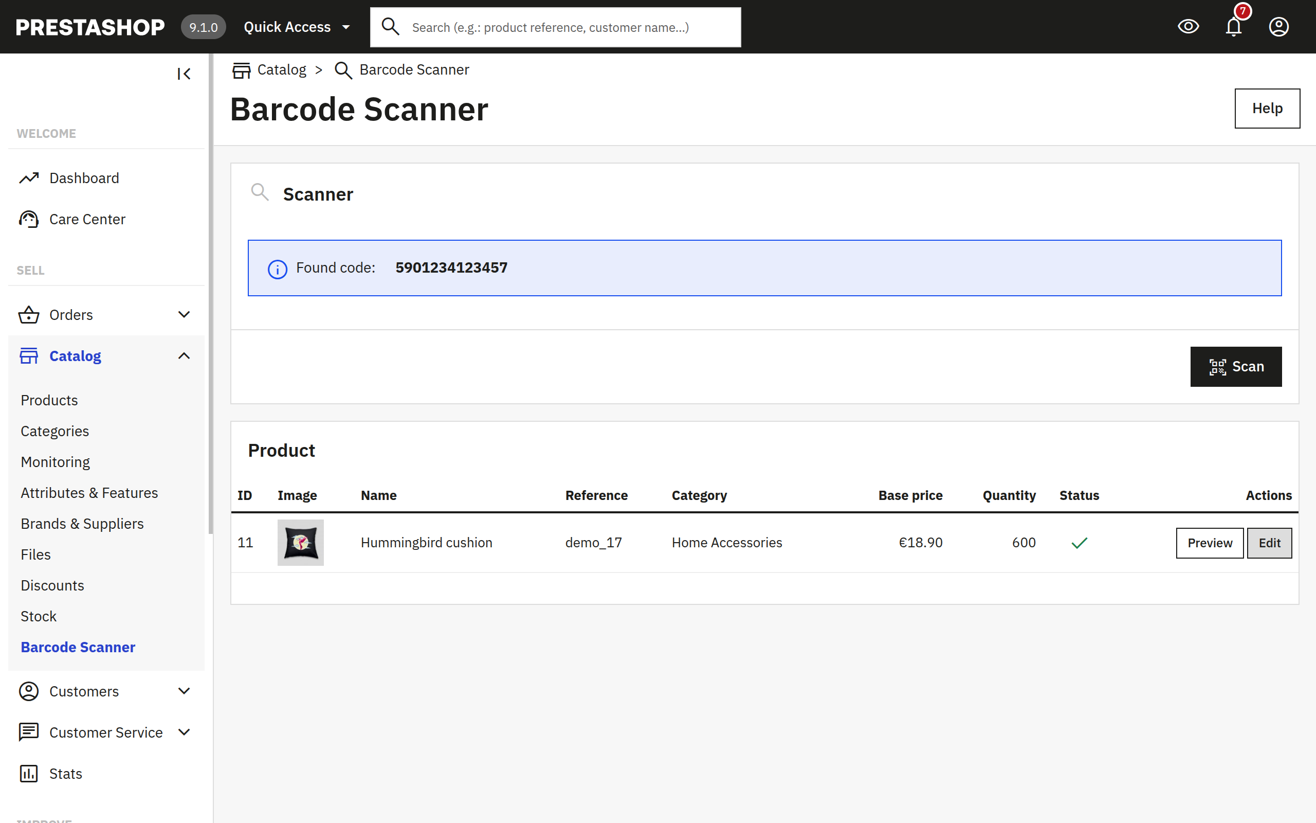 BarcodeScanner order scan result showing order details found by barcode in PrestaShop admin