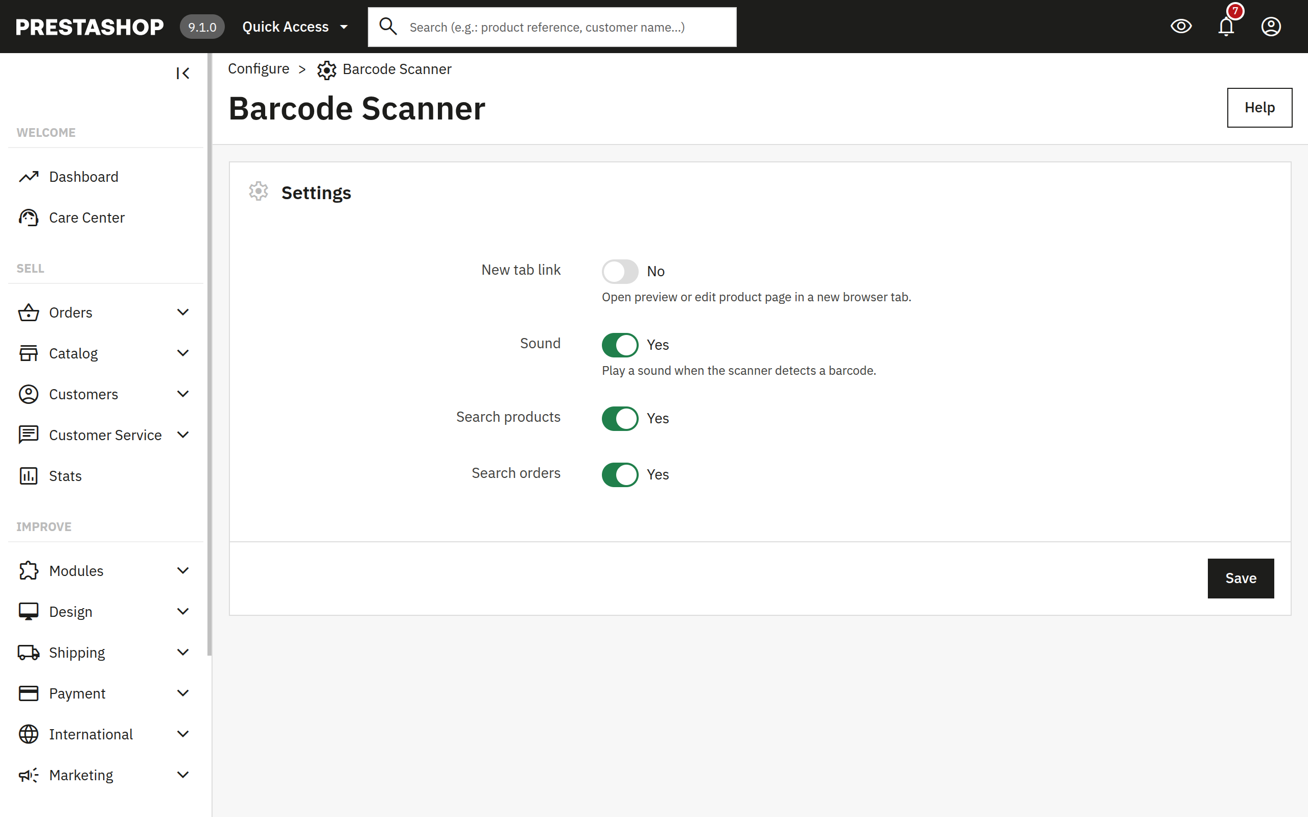 BarcodeScanner Configure page showing four toggle switches in PrestaShop admin