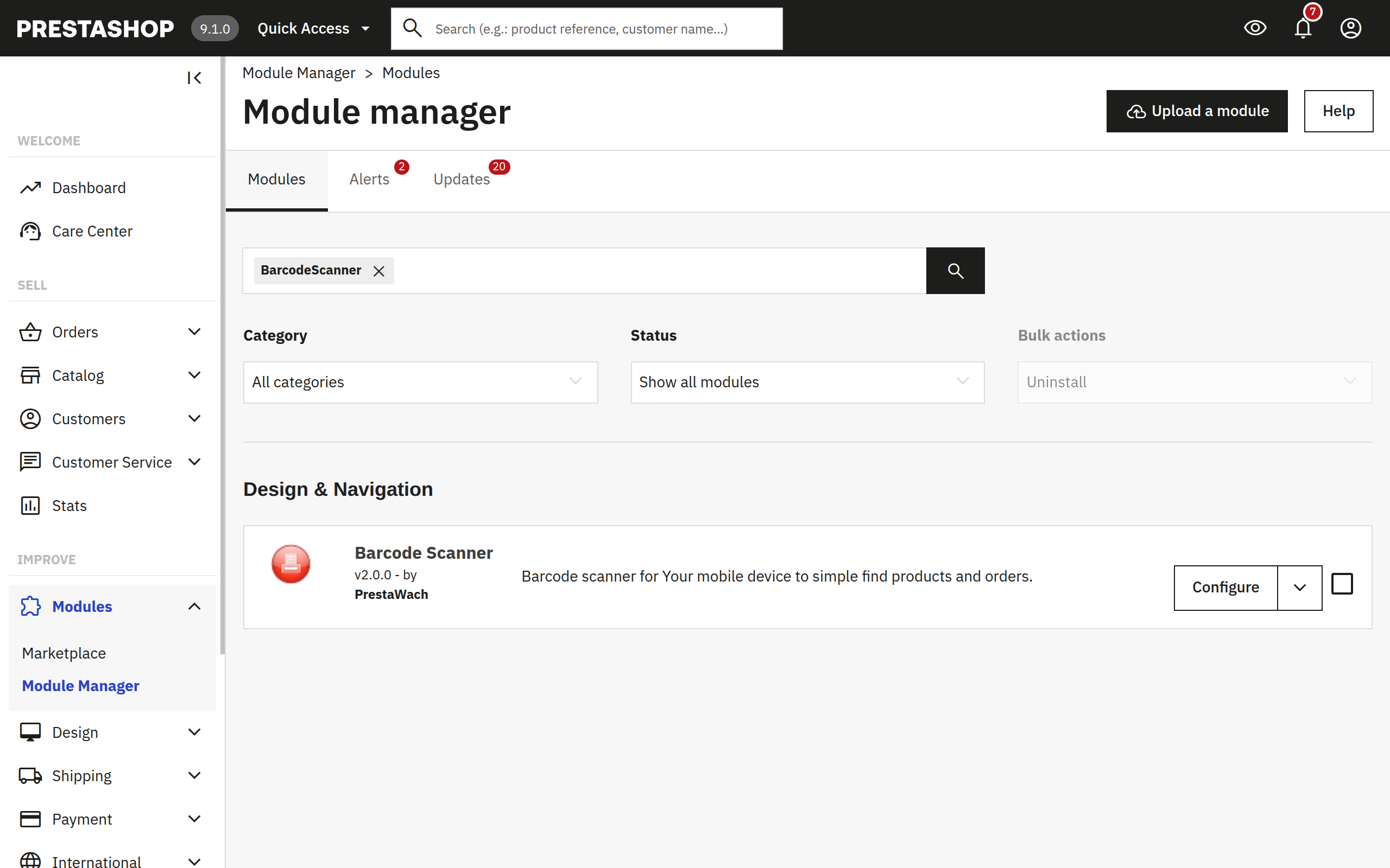 BarcodeScanner module row in PrestaShop module manager