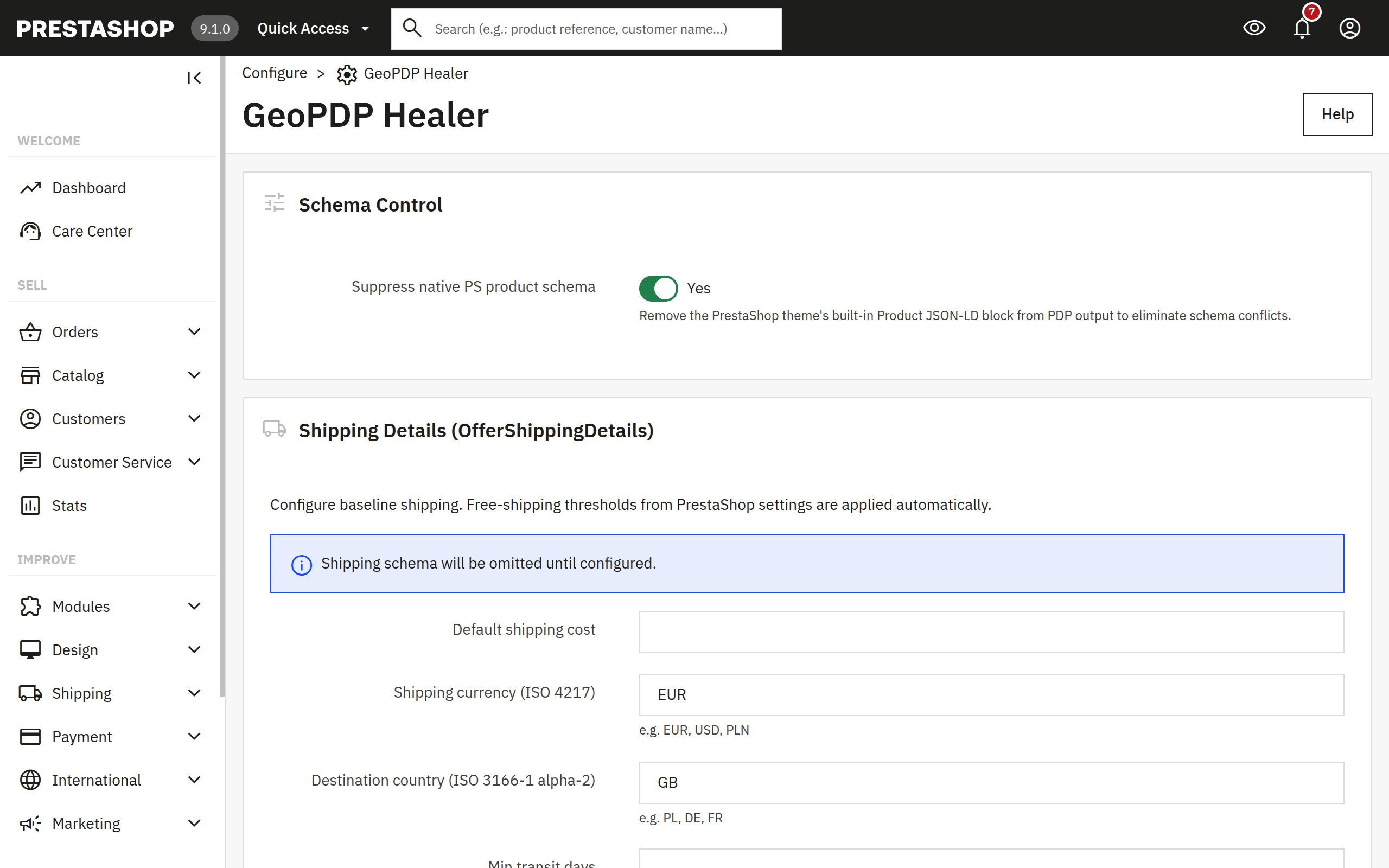 GeoPDPHealer Configure page in PrestaShop 9.1 admin