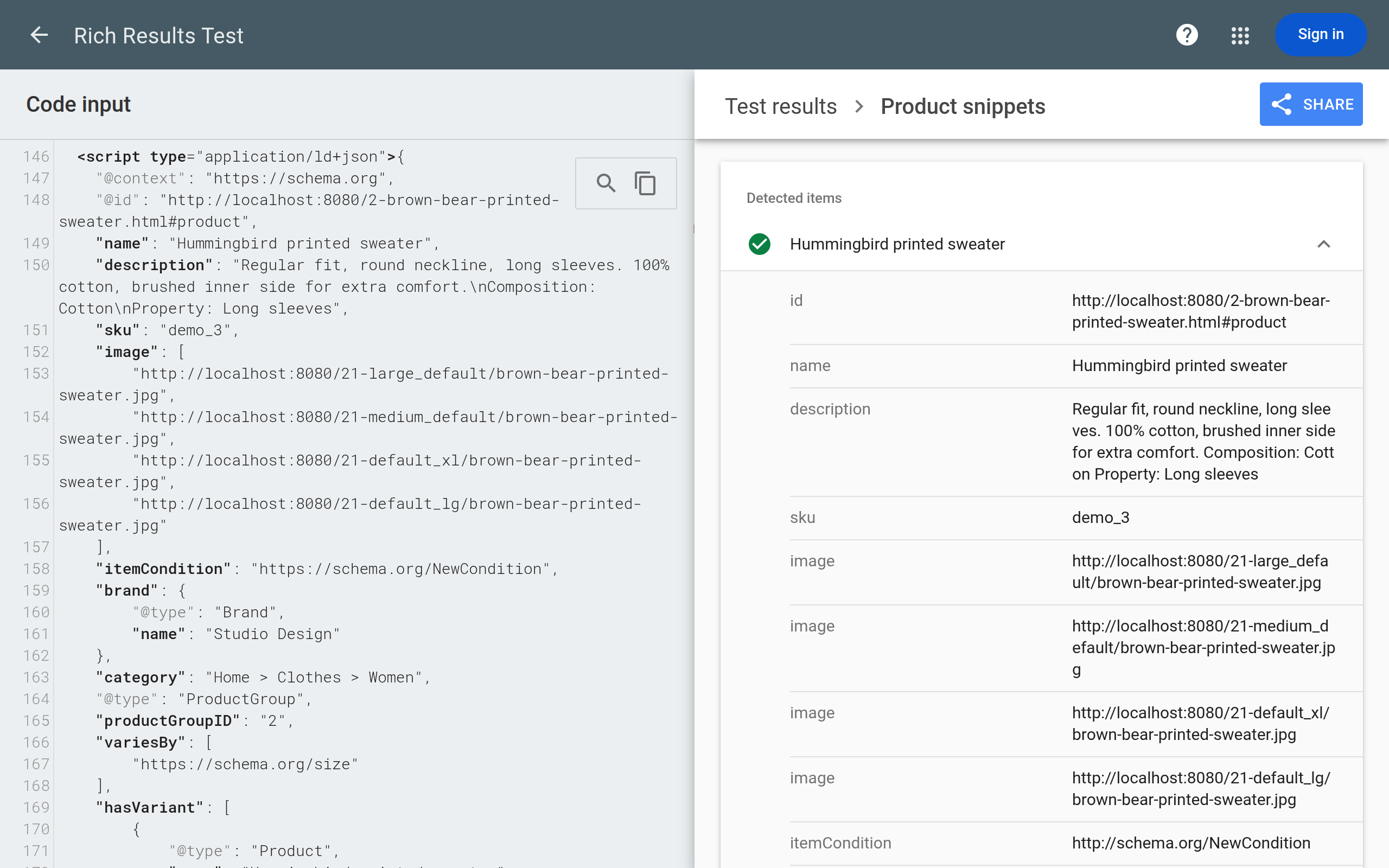 Google Rich Results Test showing valid Product snippets structured data
