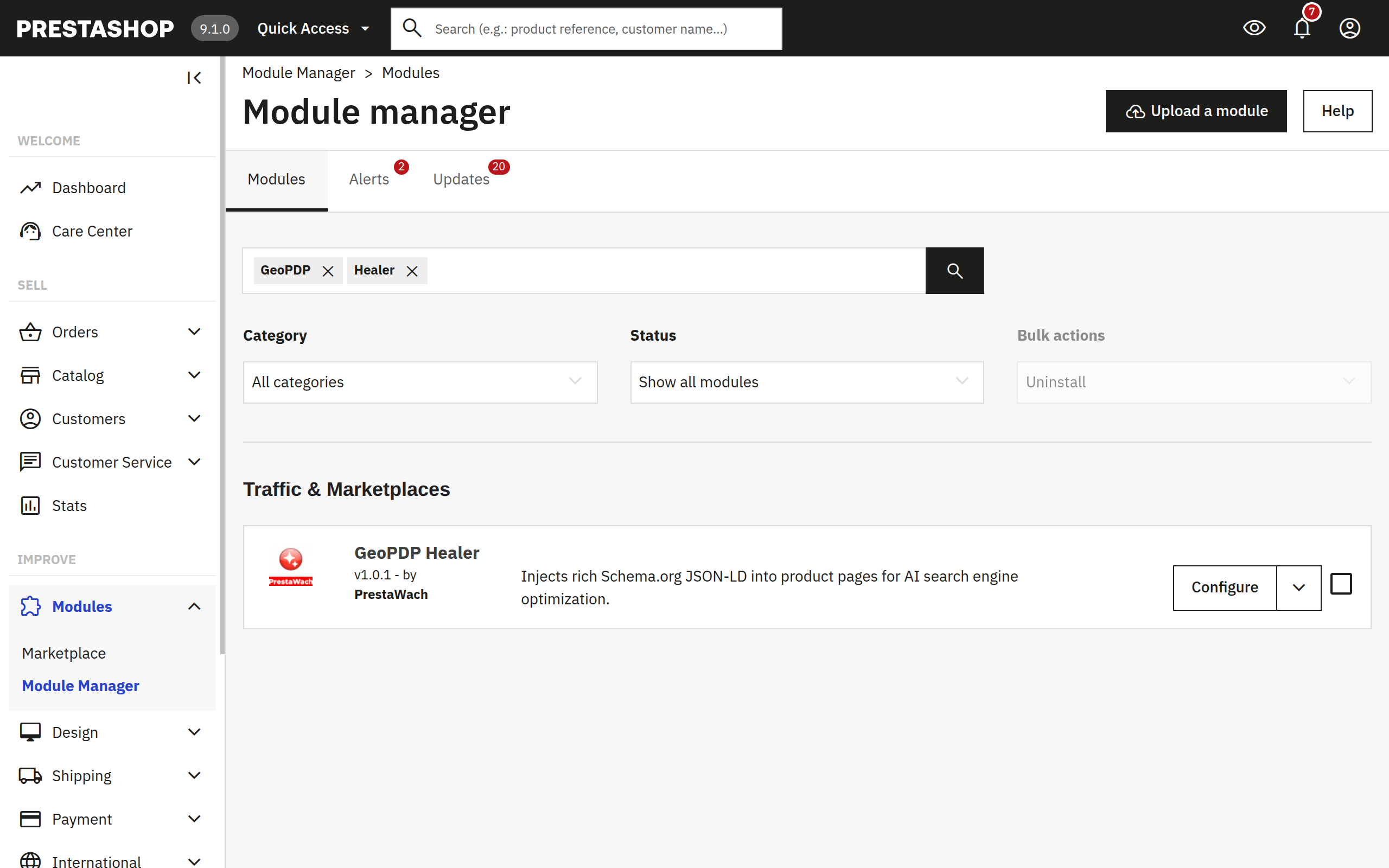GeoPDPHealer module row in PrestaShop module manager