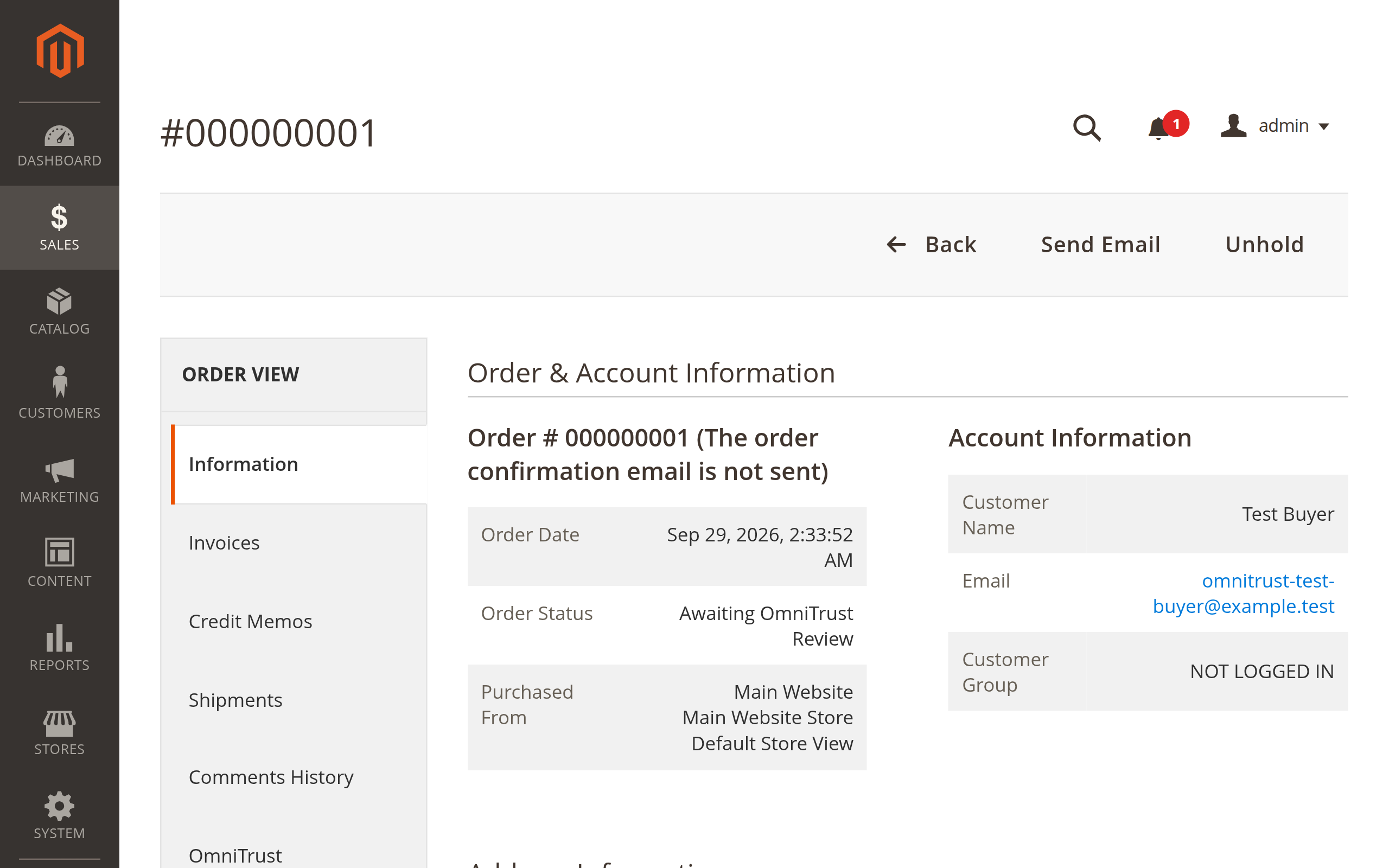 Magento order held in Awaiting OmniTrust Review status after a HIGH risk verdict
