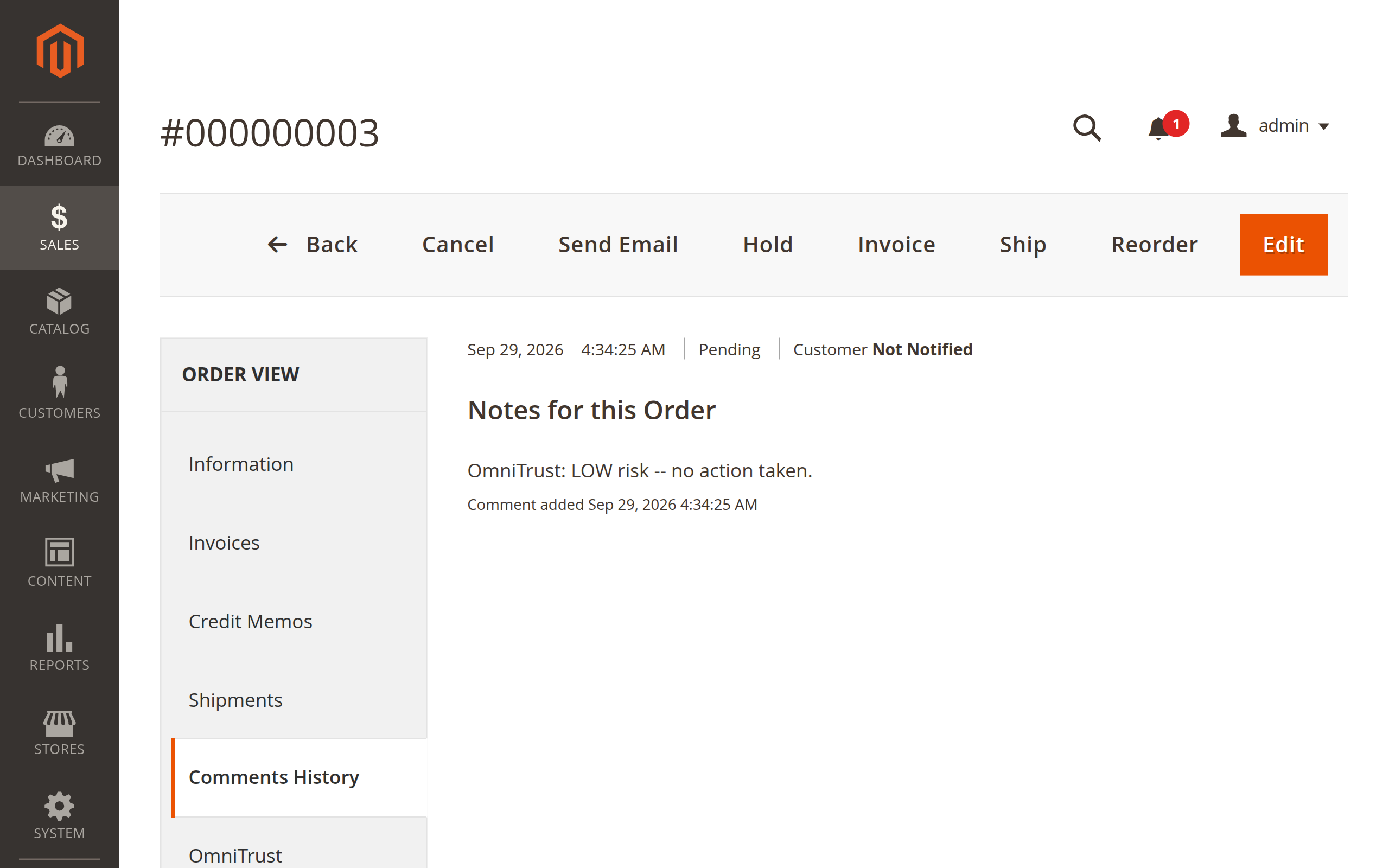 Magento private order note confirming a LOW risk OmniTrust verdict with no action taken