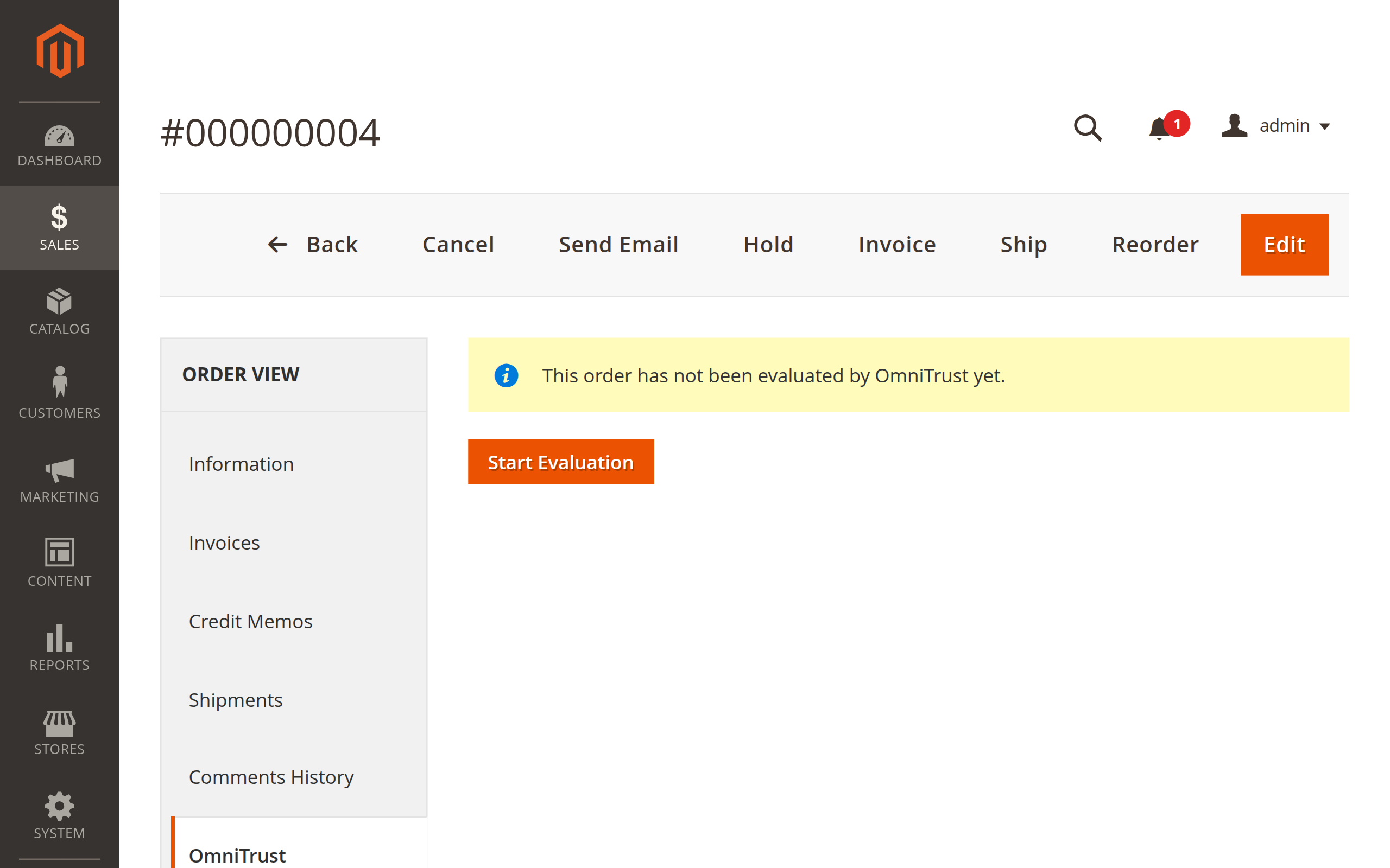 Start OmniTrust evaluation button in the Magento order actions bar