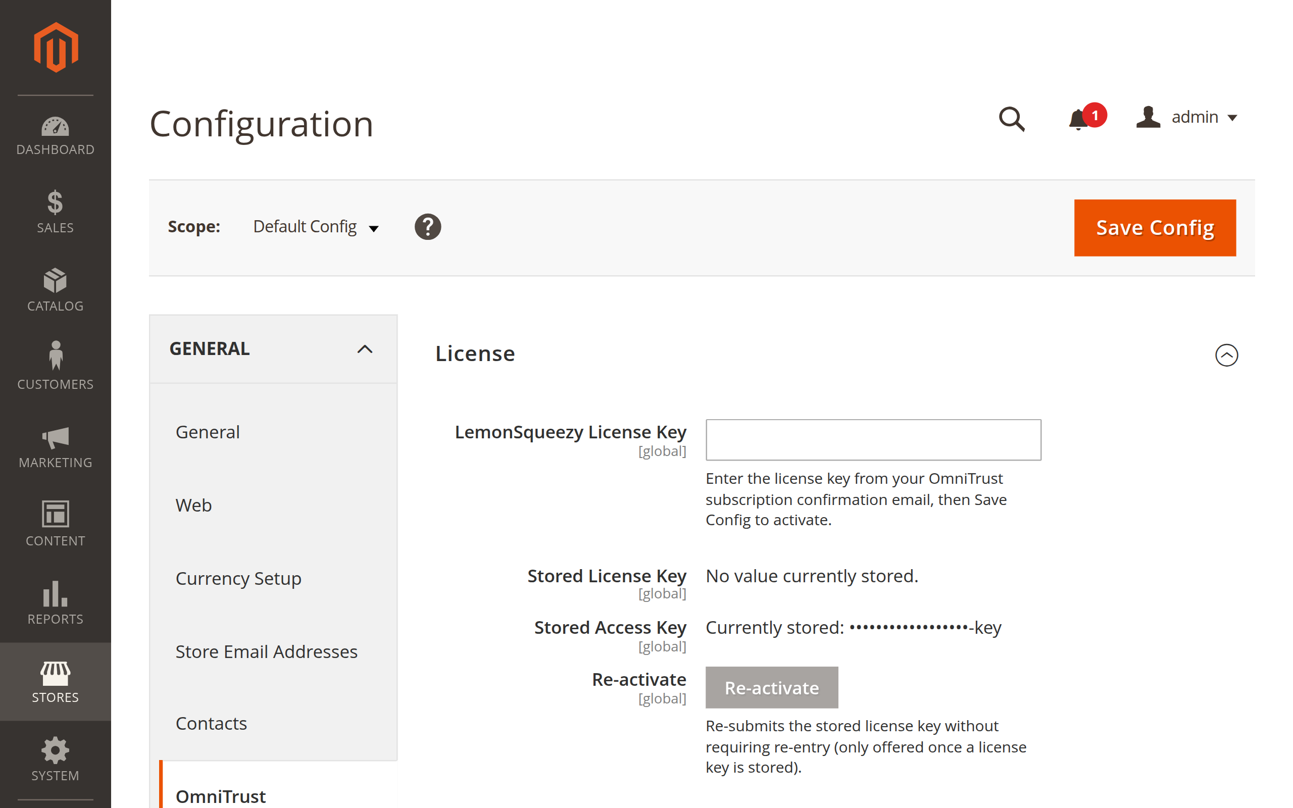 OmniTrust for Magento Configure page with license key and fulfillment-race notice