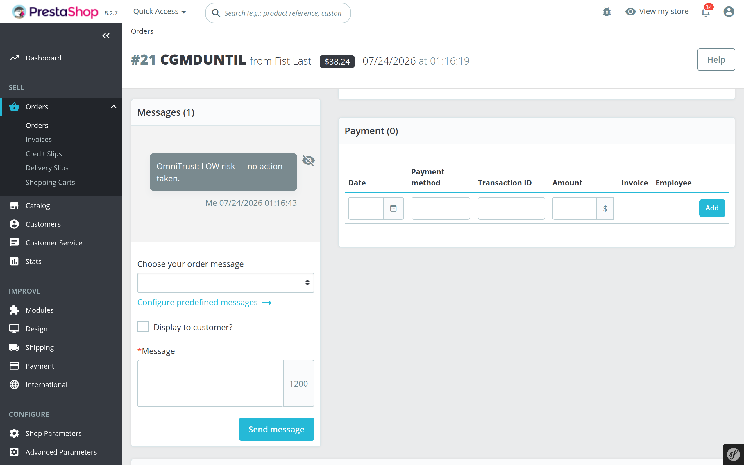 PrestaShop private order note confirming a LOW risk OmniTrust verdict with no action taken