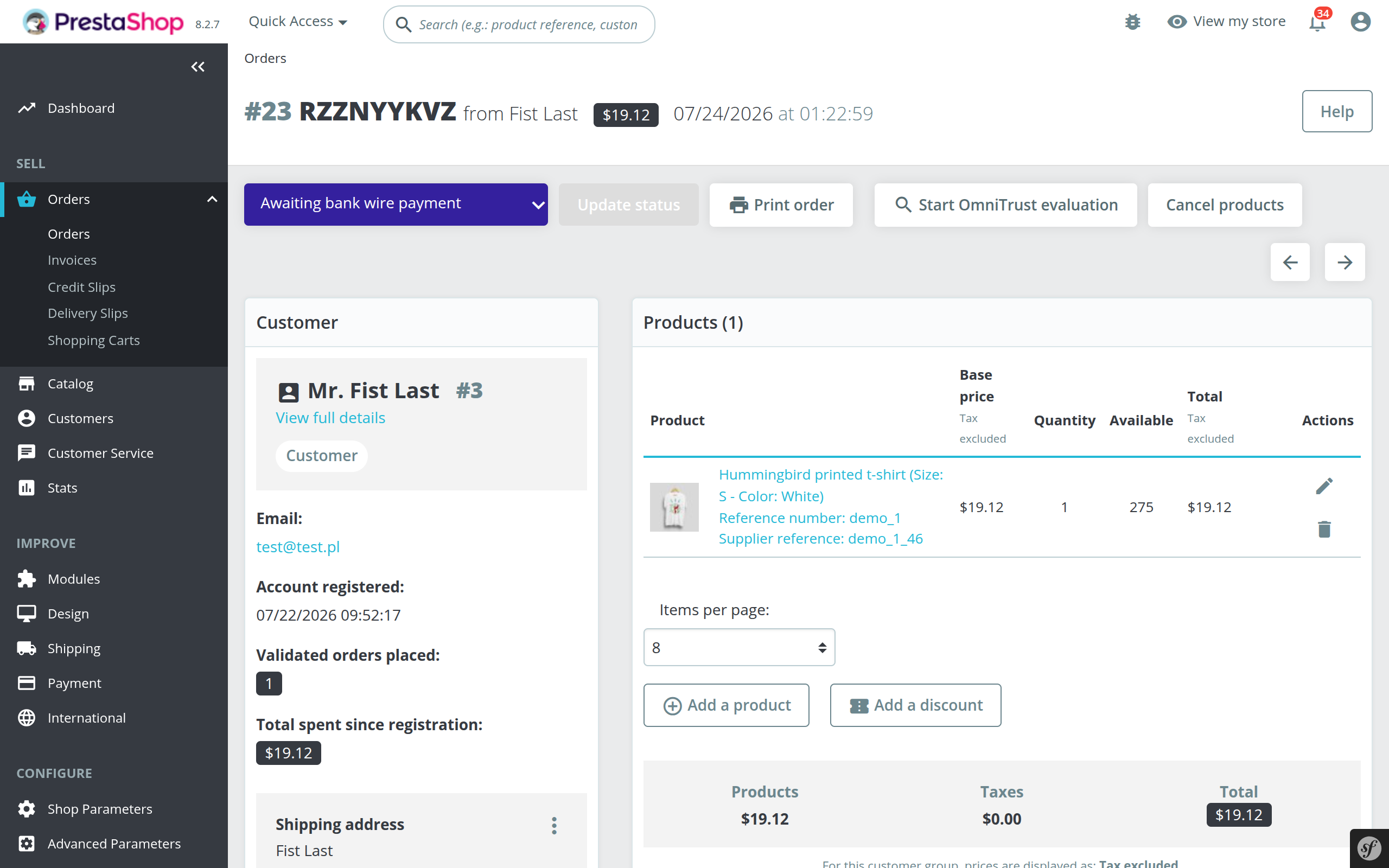Start OmniTrust evaluation button in the PrestaShop order actions bar