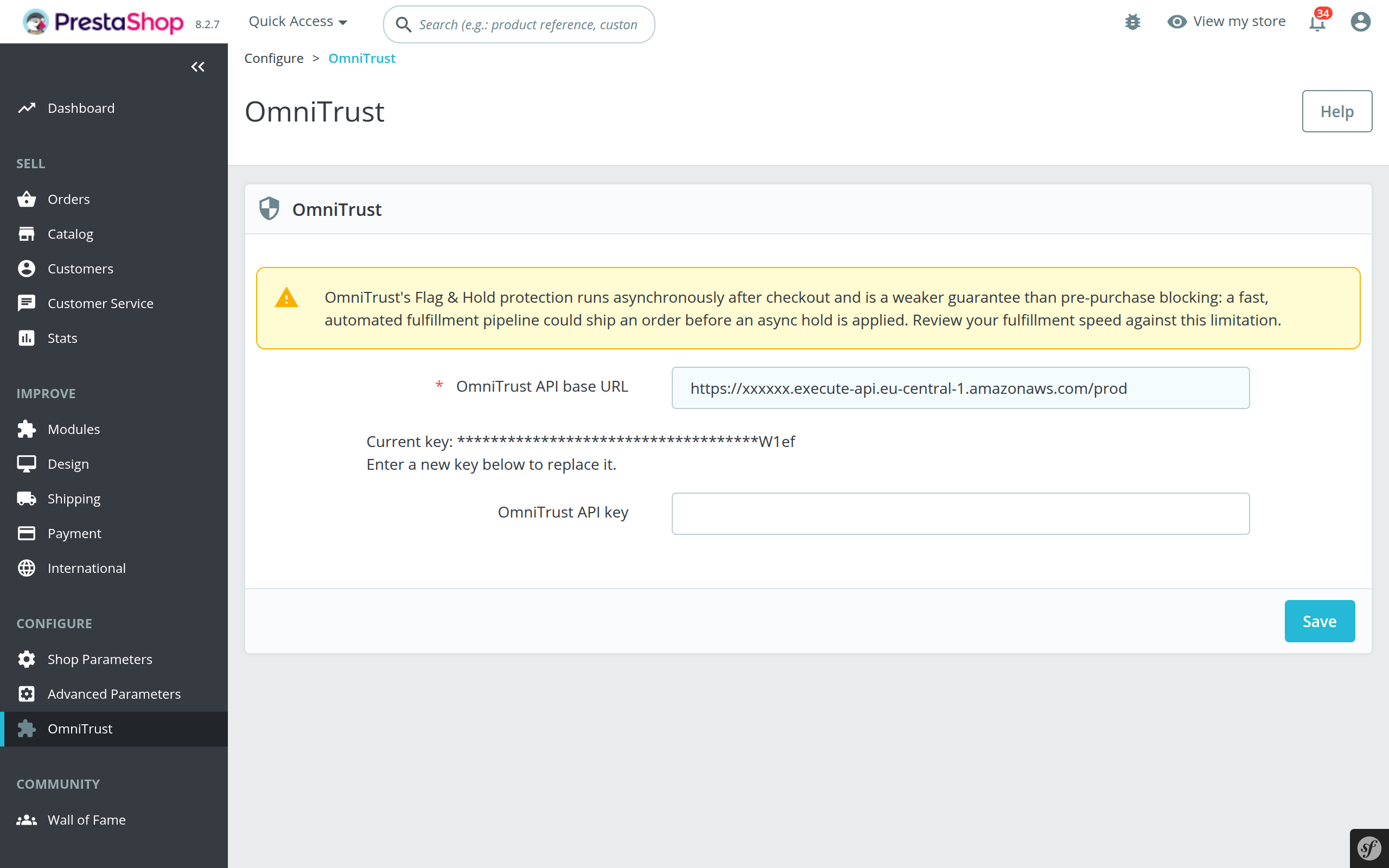 OmniTrust for PrestaShop Configure page with API key and fulfillment-race notice
