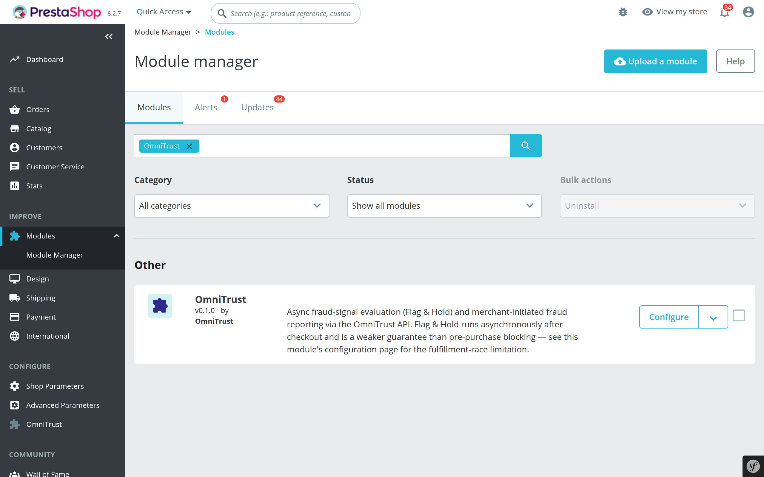 OmniTrust module row installed in the PrestaShop module manager