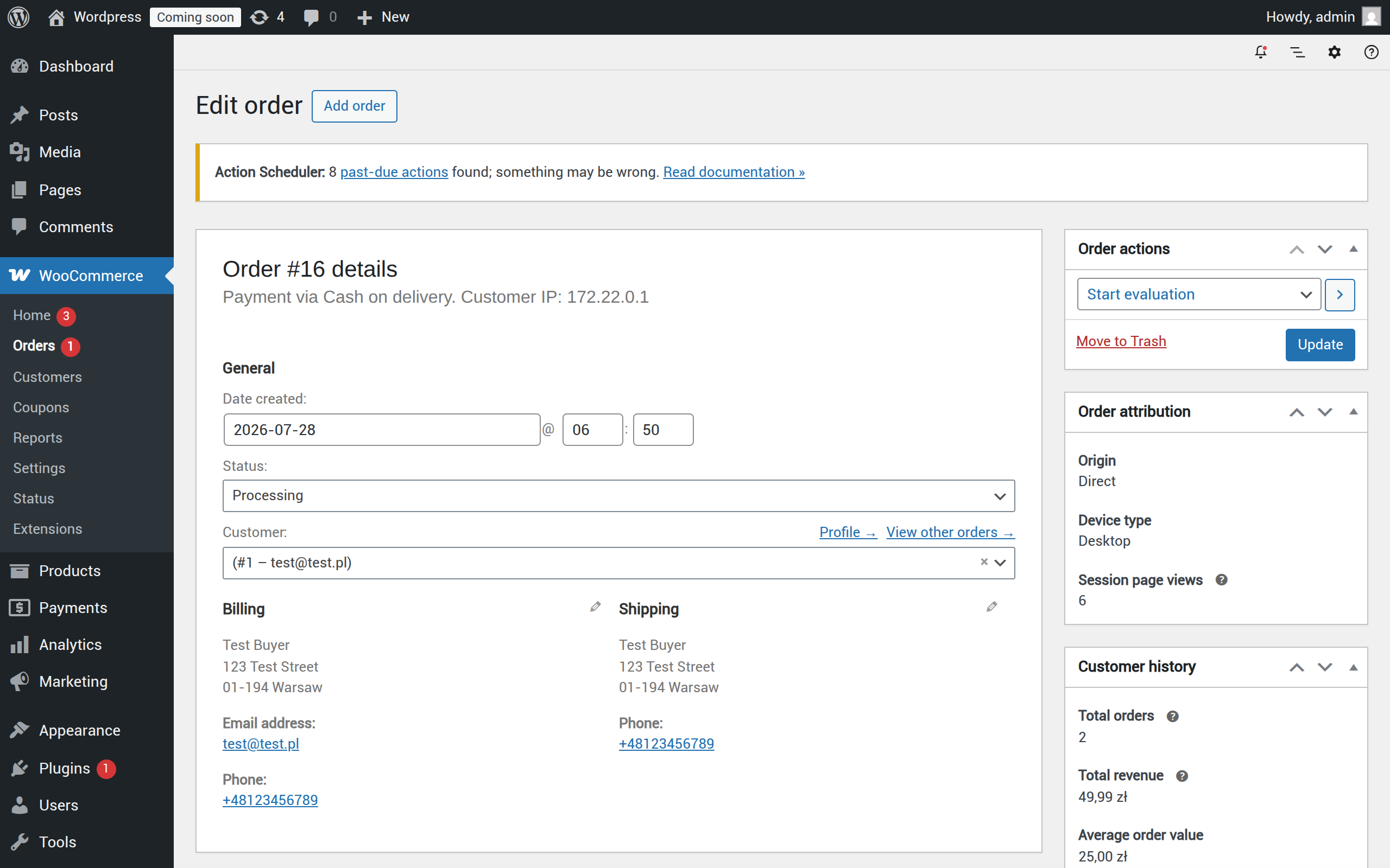 Start evaluation order action in the WooCommerce order actions dropdown