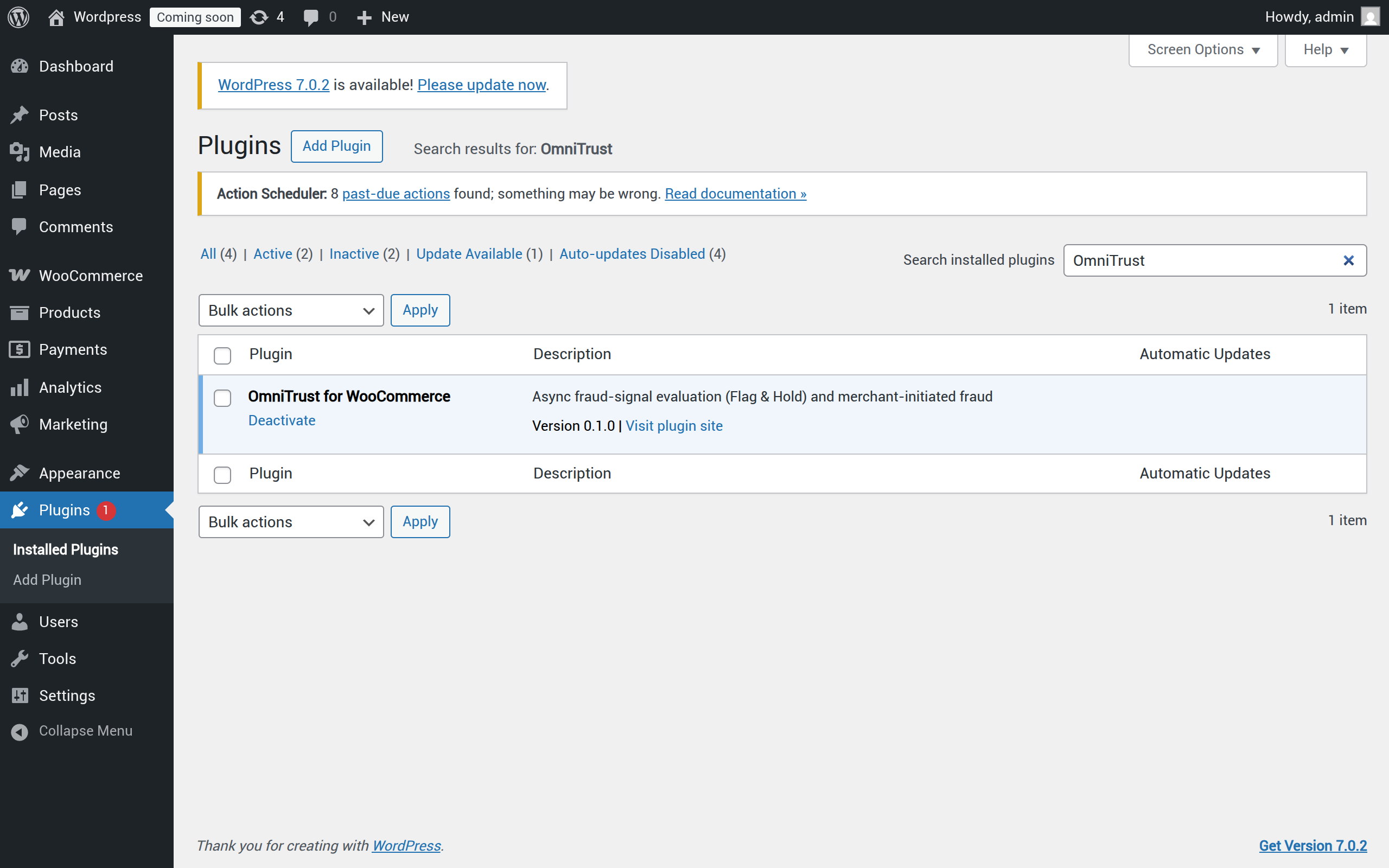 OmniTrust for WooCommerce plugin row installed and active in the WordPress plugins list